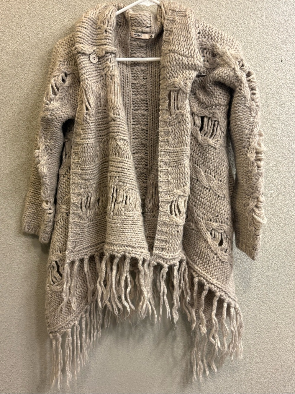 Silver Jeans Co. Chunky Knit Fringe Cardigan Sweater Beige Wool Blend M